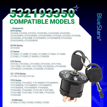 532193350 Ignition Switch, compatible models list with switch and two keys shown