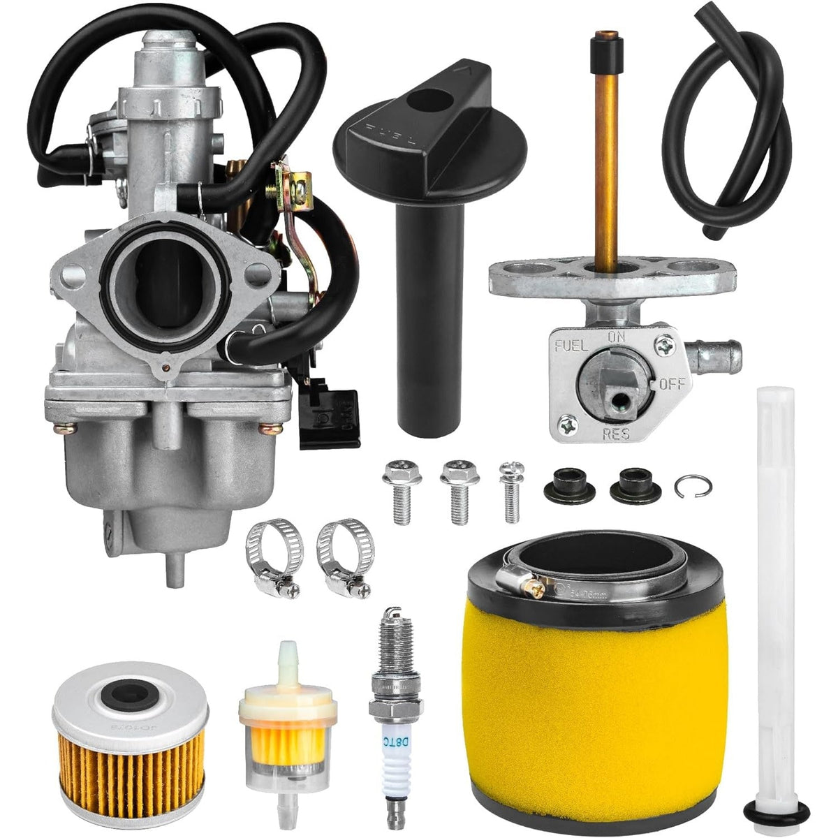 TRX250 carburetor rebuild kit with fuel petcock, air filter, oil filter, and spark plug for Honda TRX 250 Recon ATV.