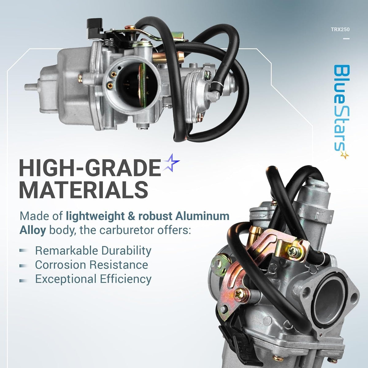 Aluminum alloy carburetor for Honda TRX 250 Recon ATV, showing two different angles of the fuel system component.