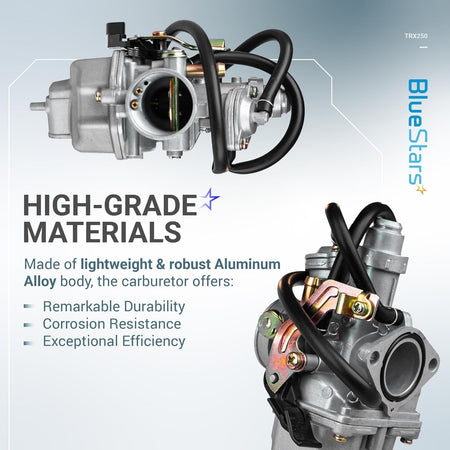 Aluminum alloy carburetor for Honda TRX 250 Recon ATV, showing two different angles of the fuel system component.