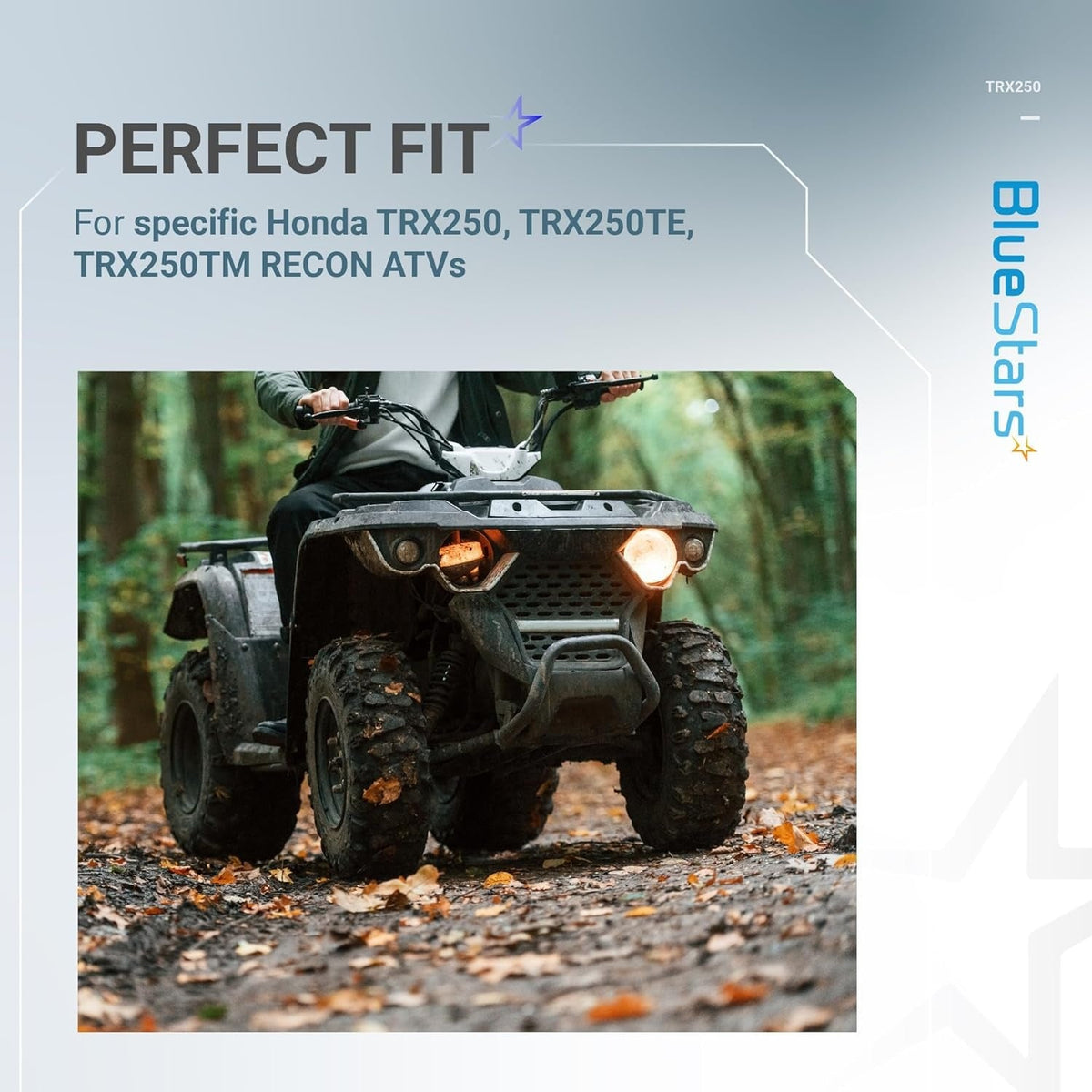 Person riding a Honda TRX250 Recon ATV in the woods to demonstrate compatibility for the carburetor kit.
