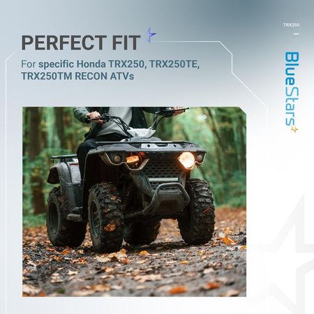 Person riding a Honda TRX250 Recon ATV in the woods to demonstrate compatibility for the carburetor kit.