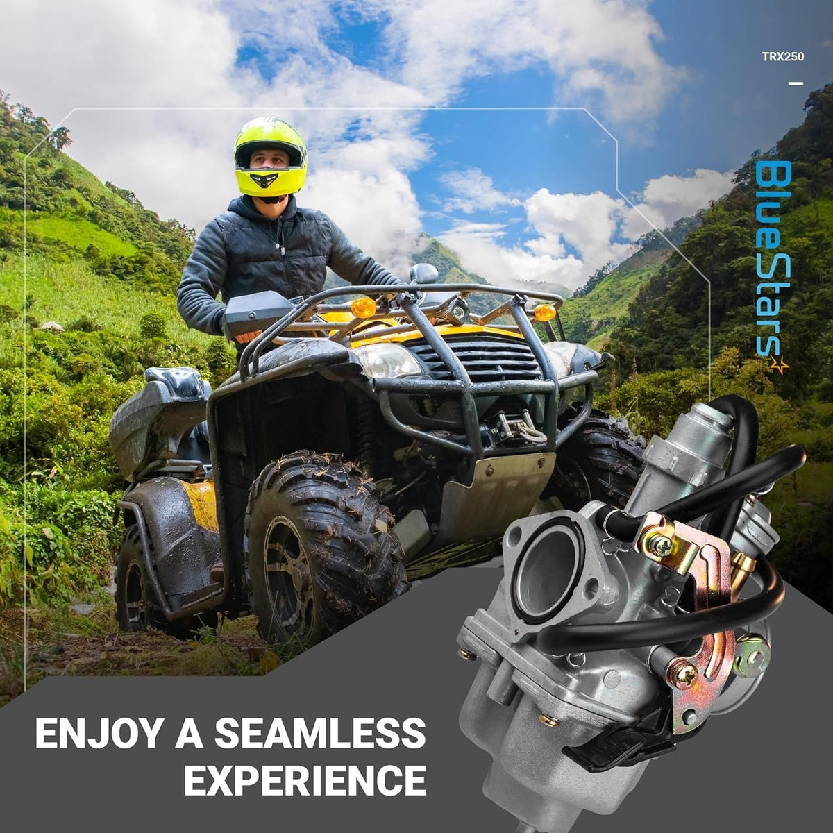 Replacement carburetor for Honda TRX 250 Recon ATV shown with a rider on a trail.