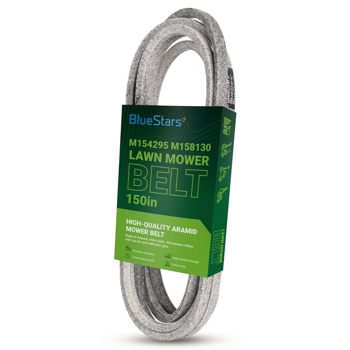 M154295 M158130 replacement deck belt for John Deere mowers, packaged in BlueStars branded sleeve.