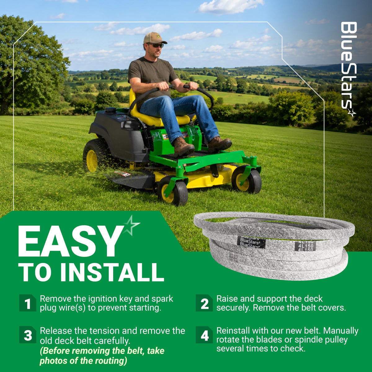 BlueStars replacement mower deck belt with easy installation instructions for zero-turn lawn mowers.