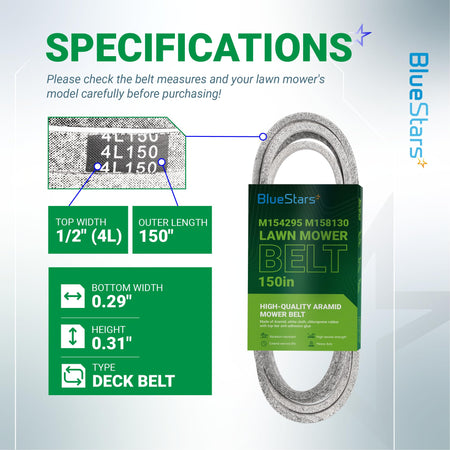 BlueStars lawn mower deck belt specifications chart showing 1/2 inch width and 150 inch outer length dimensions.