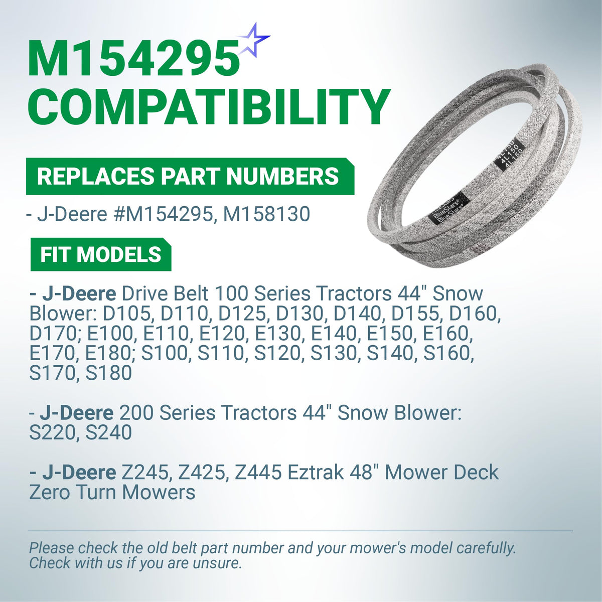Replacement drive belt for John Deere M154295 and M158130 compatible with 100 series tractors and zero-turn mowers.