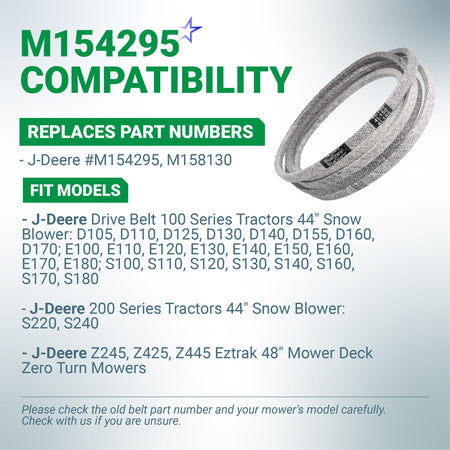 Replacement drive belt for John Deere M154295 and M158130 compatible with 100 series tractors and zero-turn mowers.