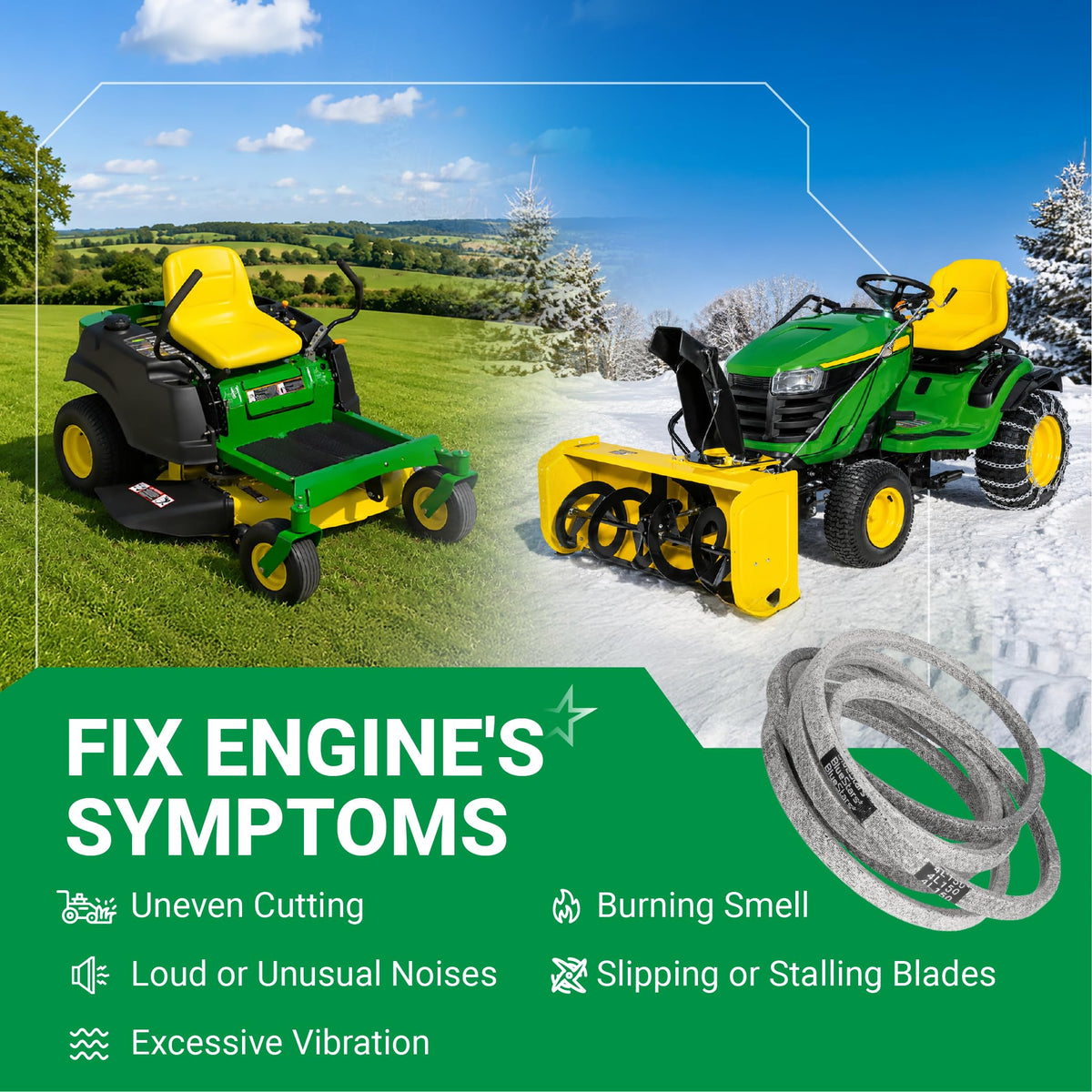 Replacement drive belt for lawn mower and snow blower showing symptoms of wear like slipping or stalling blades.