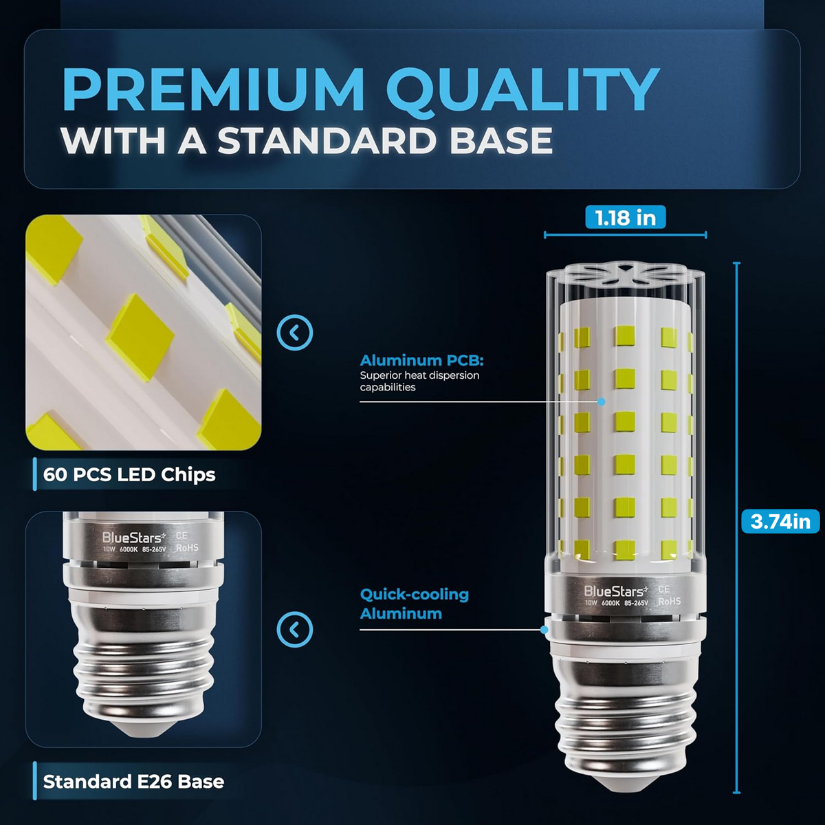 Infographic showing 10W LED light bulb dimensions, 60 LED chips, aluminum heat sink, and standard E26 base.