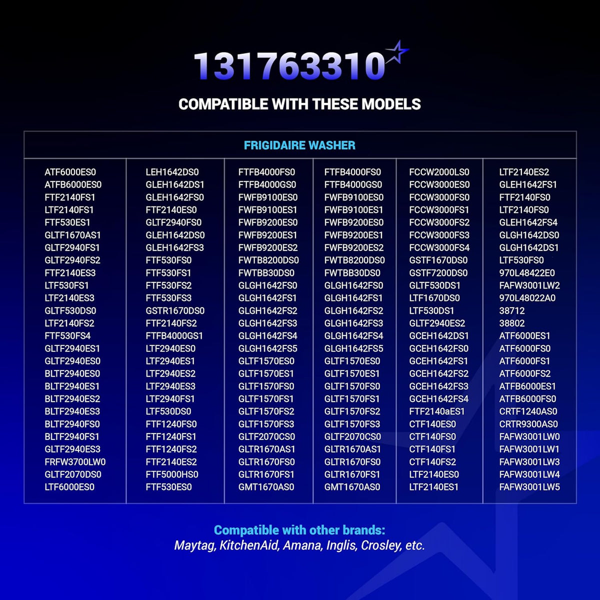 Compatibility chart for 131763310 washer door striker listing compatible Frigidaire and Kenmore washer models.