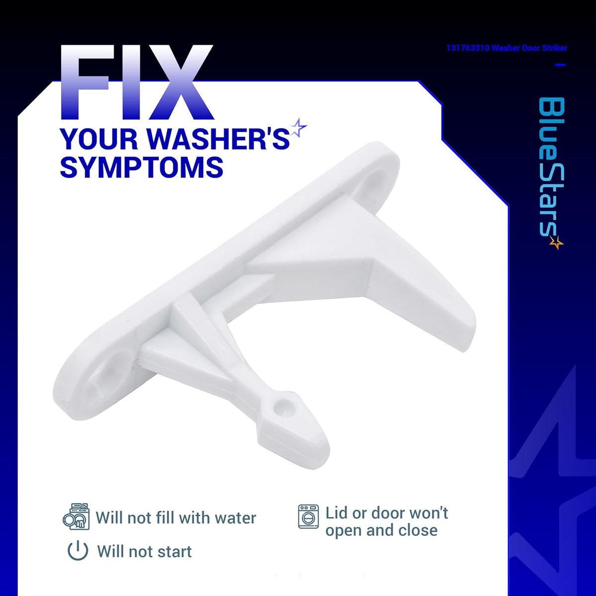 White 131763310 washer door striker replacement part for Frigidaire and Kenmore washing machines.
