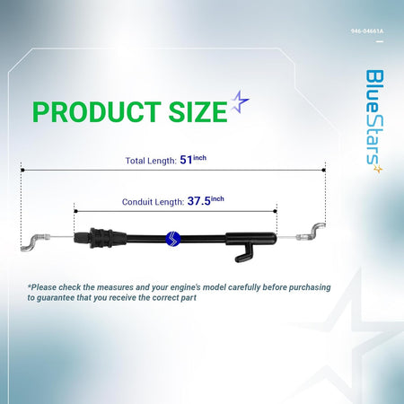 946-04661A lawn mower control cable size diagram showing 51-inch total length and 37.5-inch conduit length.