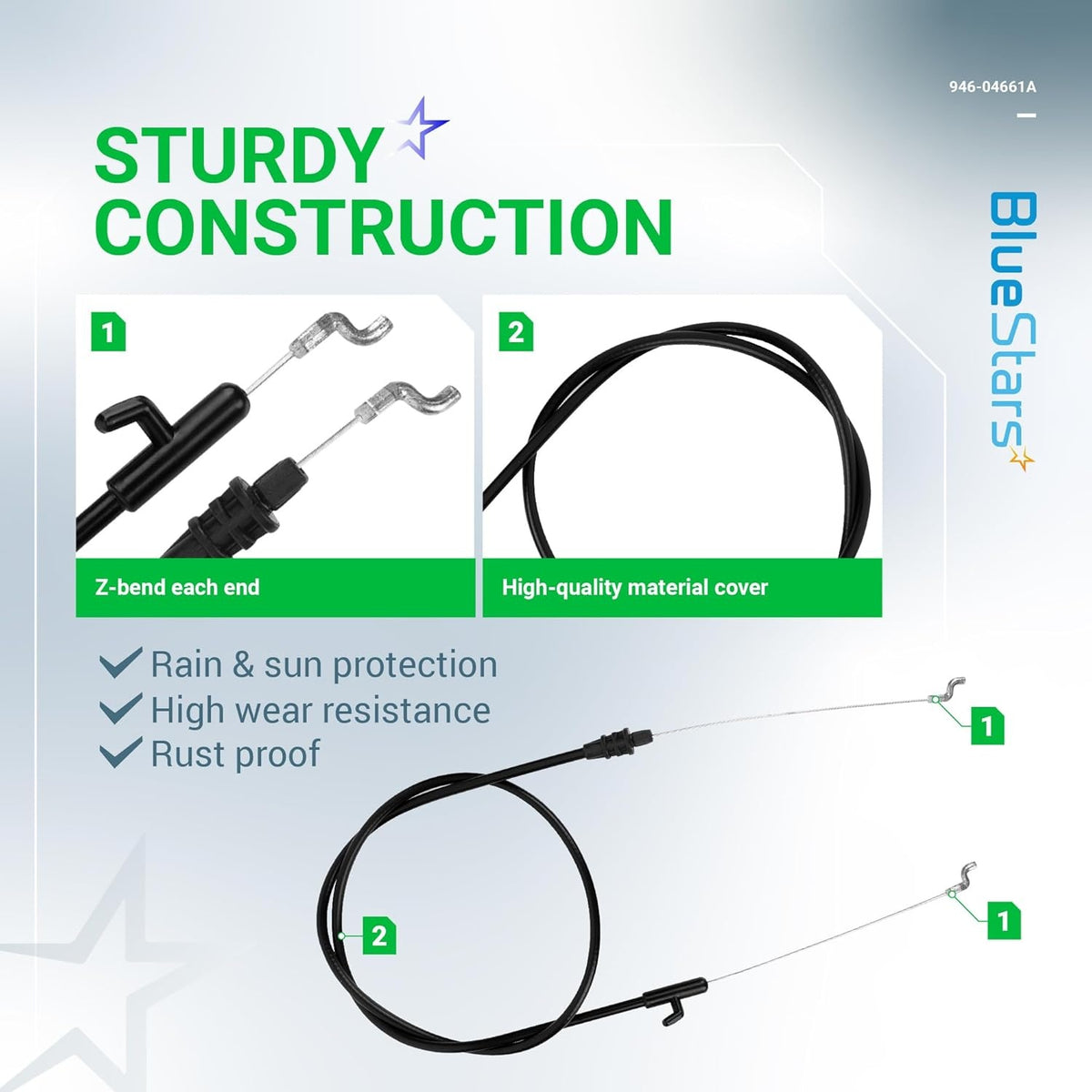Infographic showing 946-04661A lawn mower control cable features including Z-bend ends and high-quality protective cover.