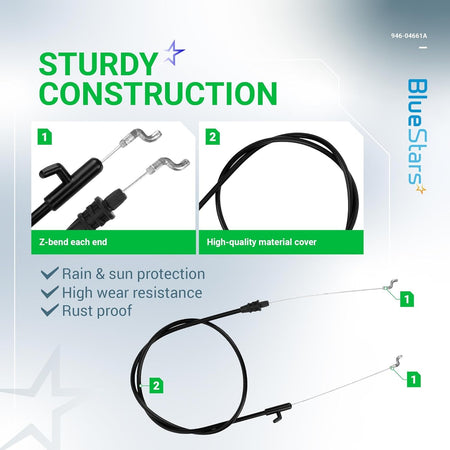 Infographic showing 946-04661A lawn mower control cable features including Z-bend ends and high-quality protective cover.