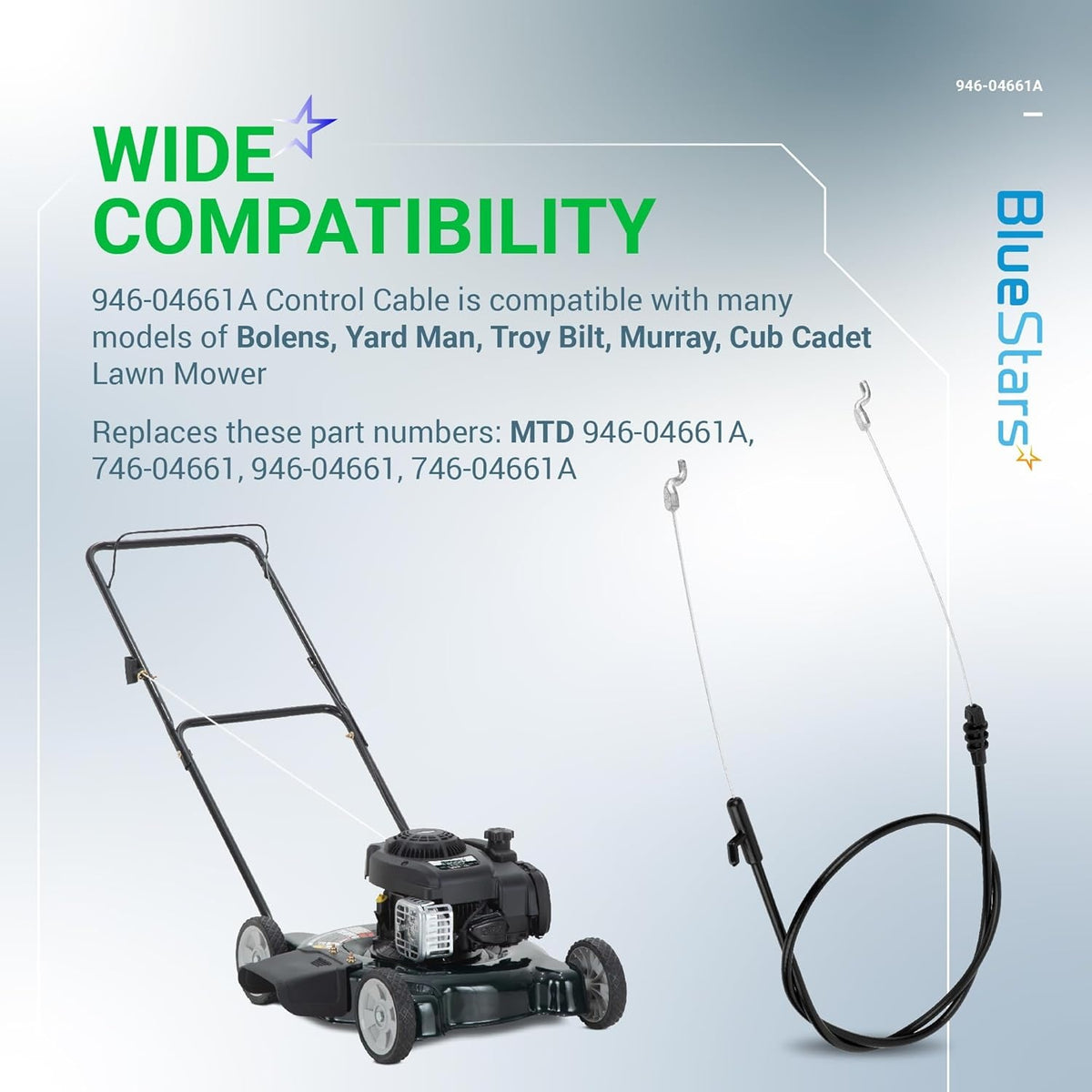 Infographic showing 946-04661A control cable compatibility with various lawn mower models and part numbers.