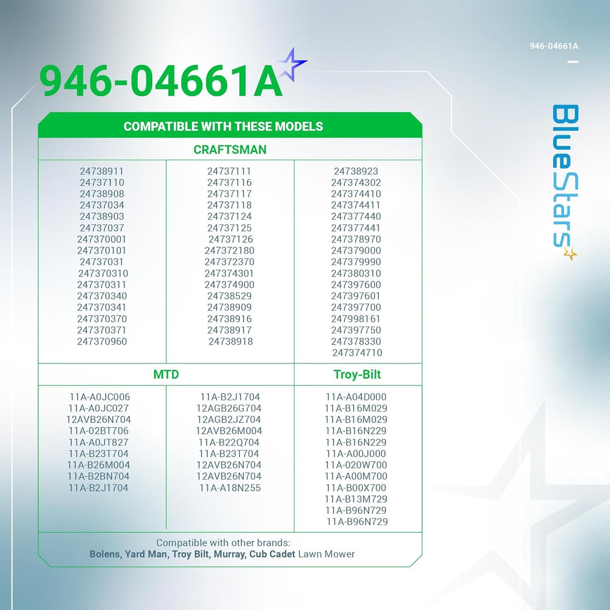 Compatibility chart for 946-04661A control cable listing Craftsman, MTD, and Troy-Bilt lawn mower models.