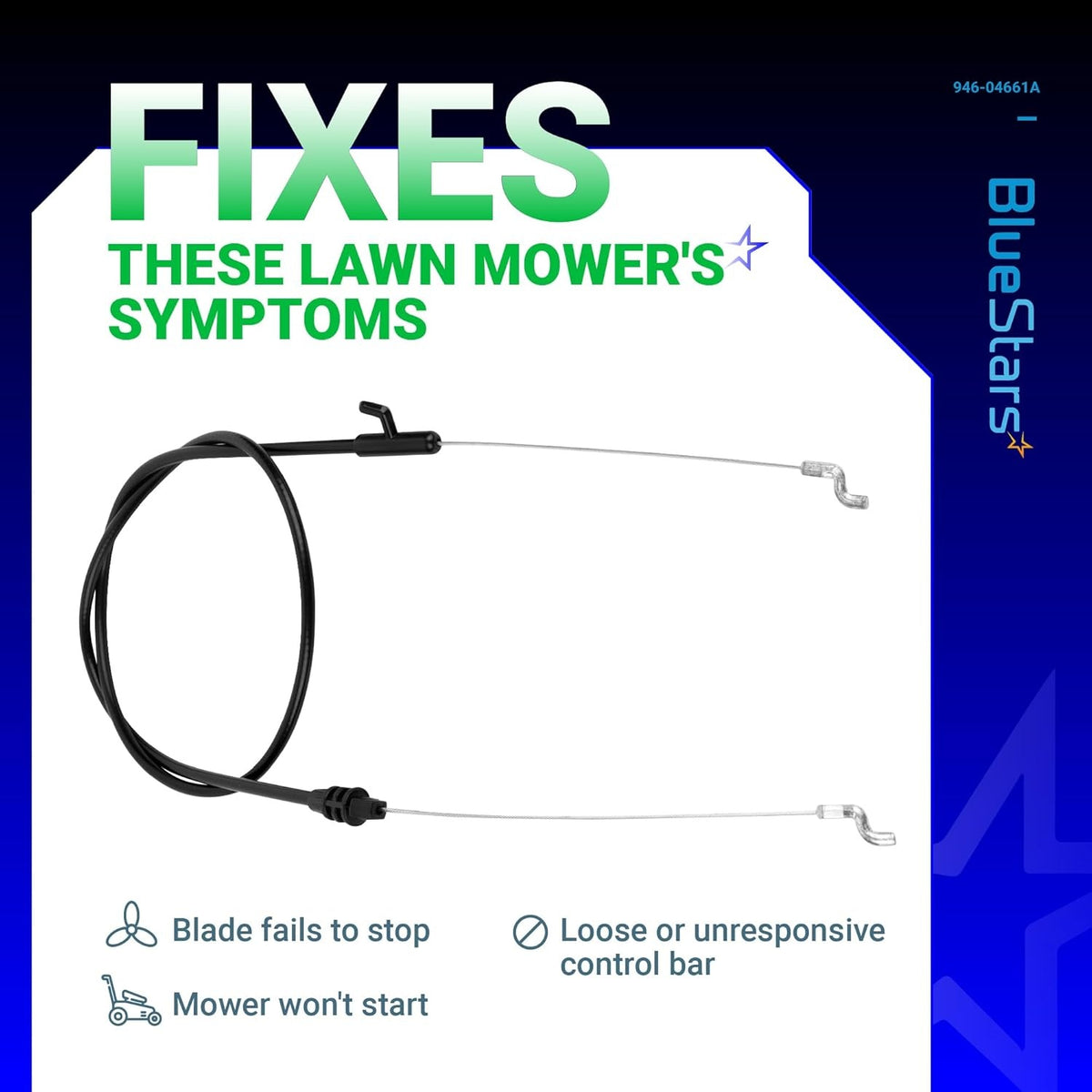 946-04661A lawn mower control cable showing common repair symptoms and compatibility information.