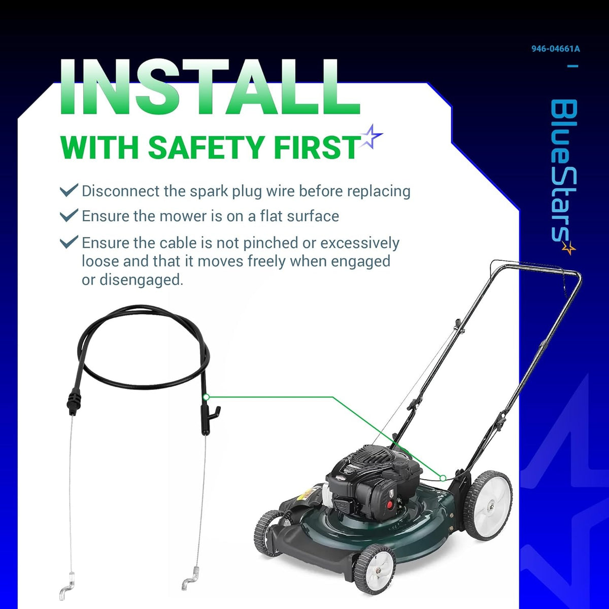 Instructional graphic showing 946-04661A control cable installation steps on a lawn mower.