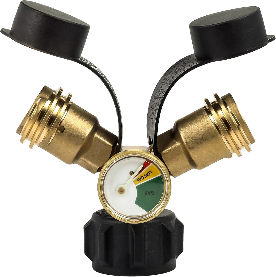 Propane Tank Y Splitter QCC/POL with Gauge and Shut-Off Valve - Propane 2 Way Splitter Adapter Fitting