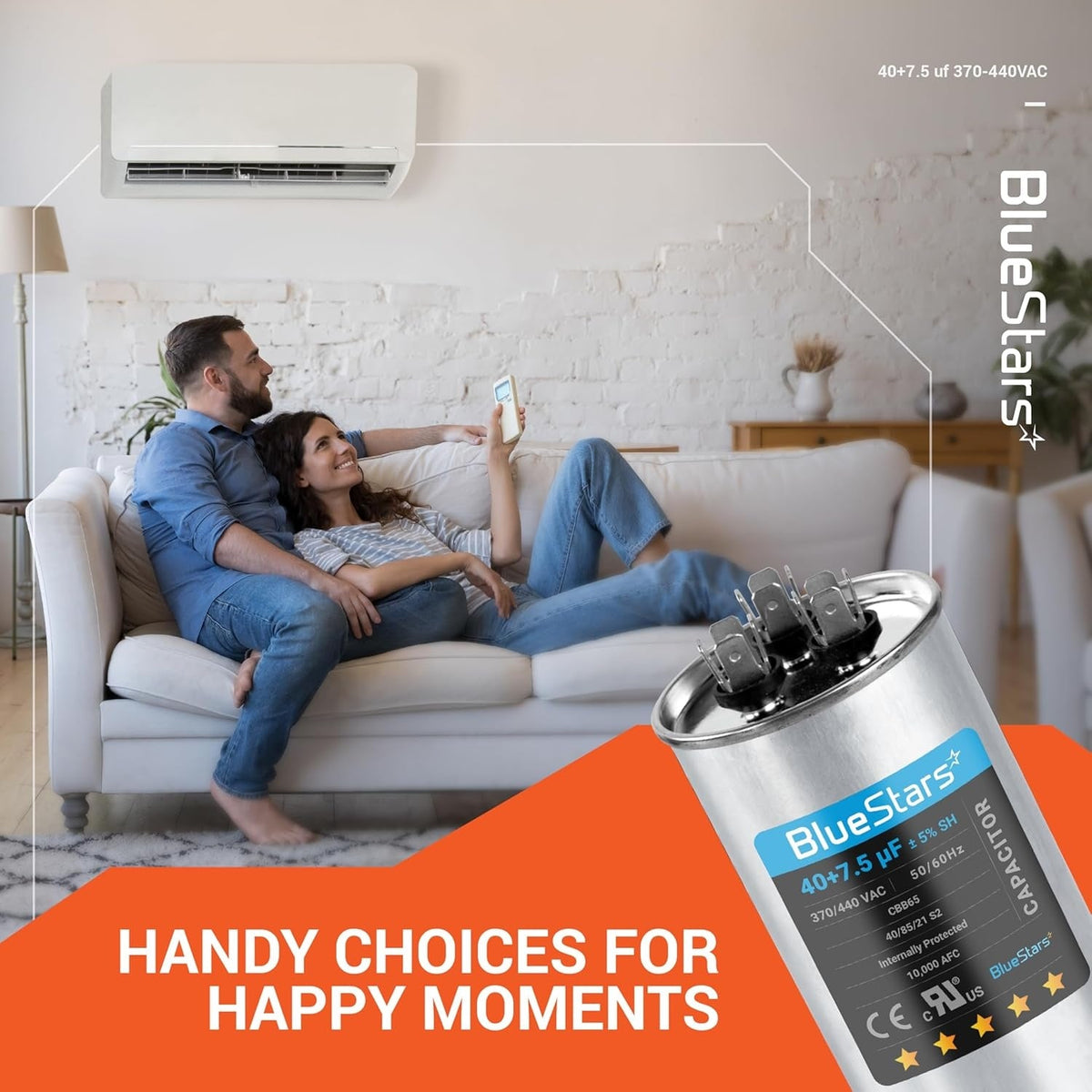 BlueStars 40+7.5 uF dual run round AC capacitor for air conditioner and heat pump systems.