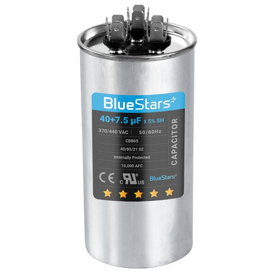 BlueStars 40+7.5 uF dual run round AC capacitor for condenser and heat pump units.