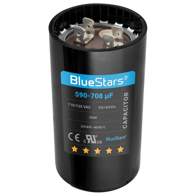 BlueStars 590-708 uF 110-125 VAC round motor start capacitor with terminal connectors.