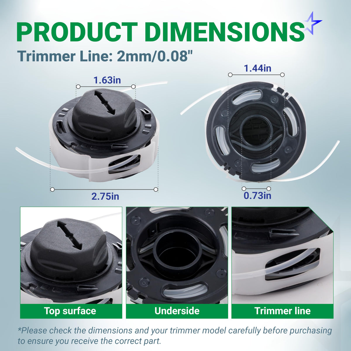 C3-2 trimmer head spool dimensions diagram showing top, bottom, and side views with 2mm line measurements.