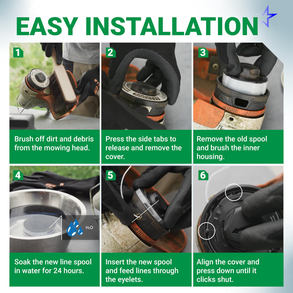 Six-step instructional guide for installing a C3-2 trimmer head spool on a Stihl string trimmer.