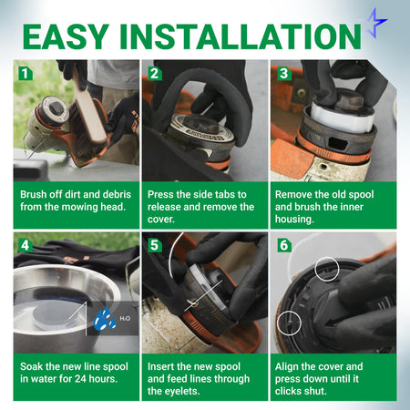 Six-step instructional guide for installing a C3-2 trimmer head spool on a Stihl string trimmer.