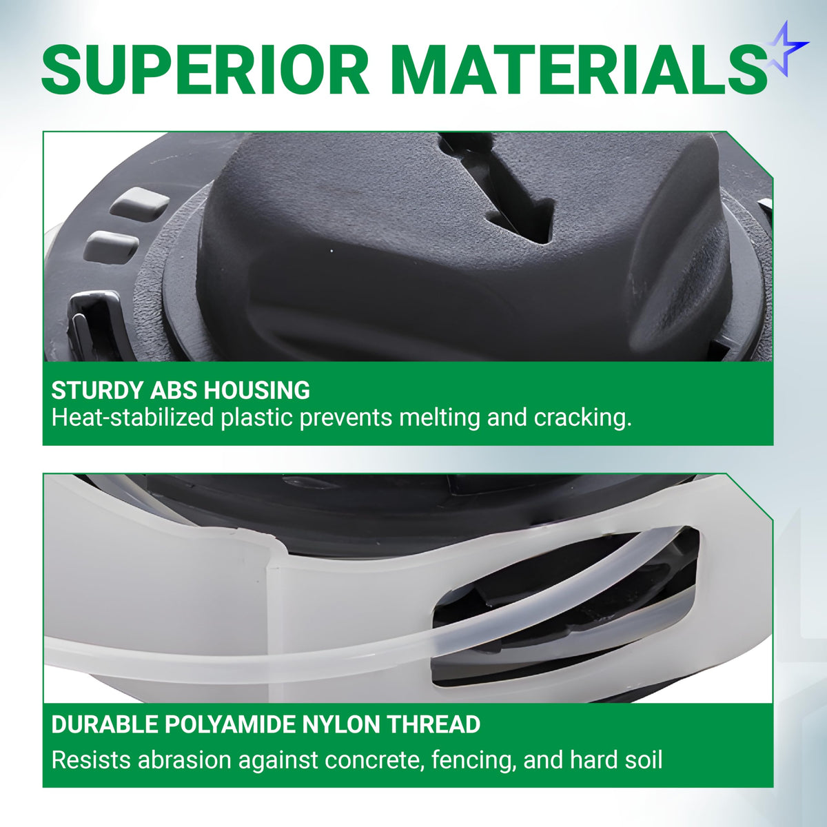 Close-up of C3-2 trimmer head spool showing durable ABS housing and polyamide nylon cutting line.