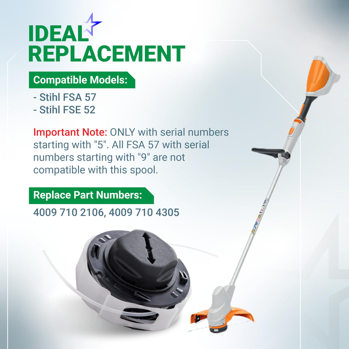 Infographic showing C3-2 trimmer head spool compatibility with Stihl FSA 57 and FSE 52 string trimmers.