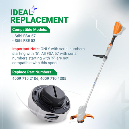Infographic showing C3-2 trimmer head spool compatibility with Stihl FSA 57 and FSE 52 string trimmers.