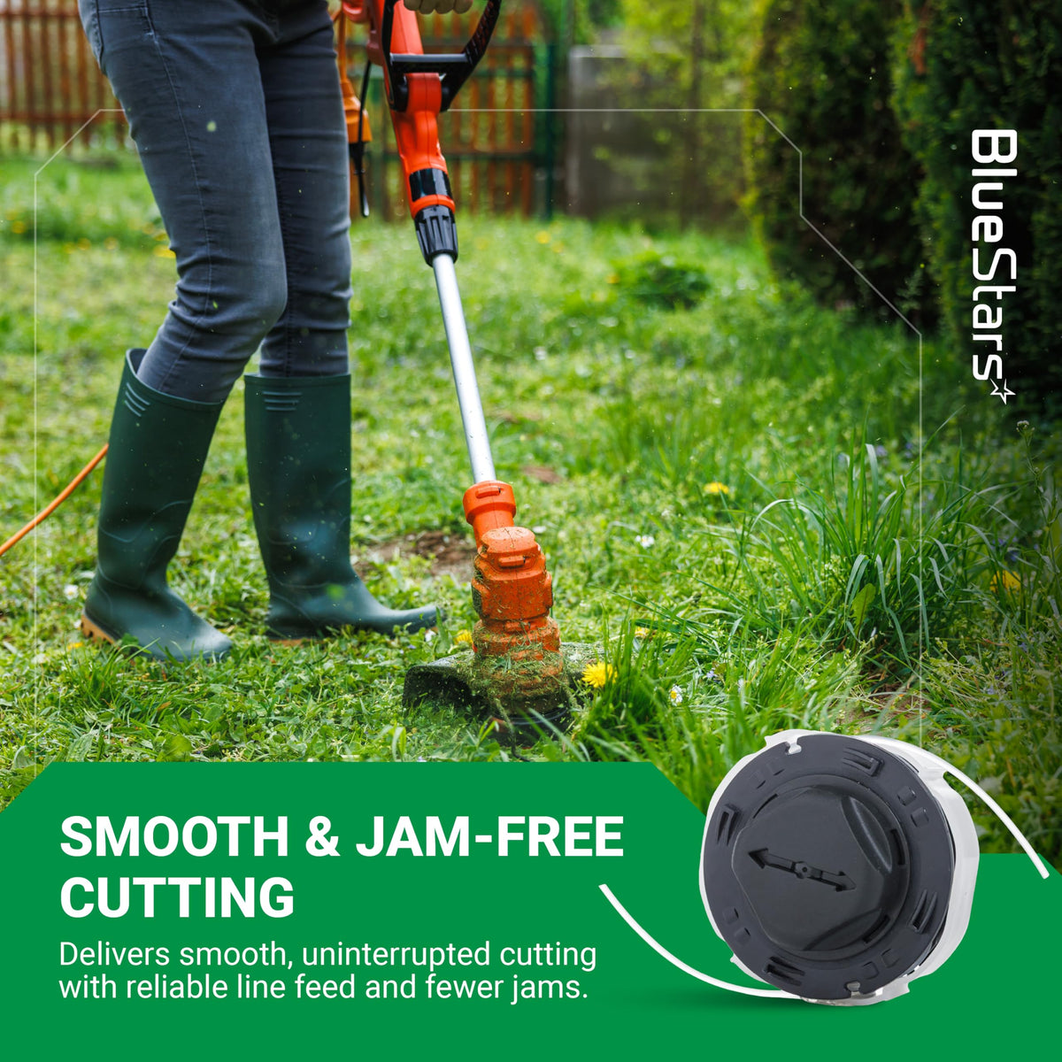 C3-2 trimmer head spool for Stihl FSA 57 and FSE 52 string trimmers shown in use on a lawn.