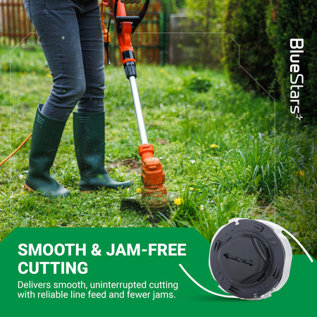C3-2 trimmer head spool for Stihl FSA 57 and FSE 52 string trimmers shown in use on a lawn.