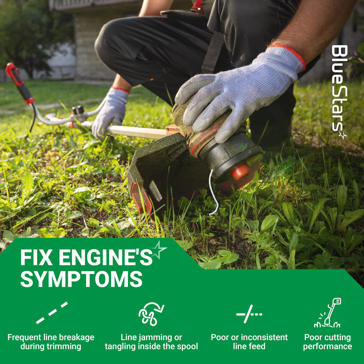 Person using a Stihl C3-2 trimmer head to fix common string trimmer performance issues in a lawn.