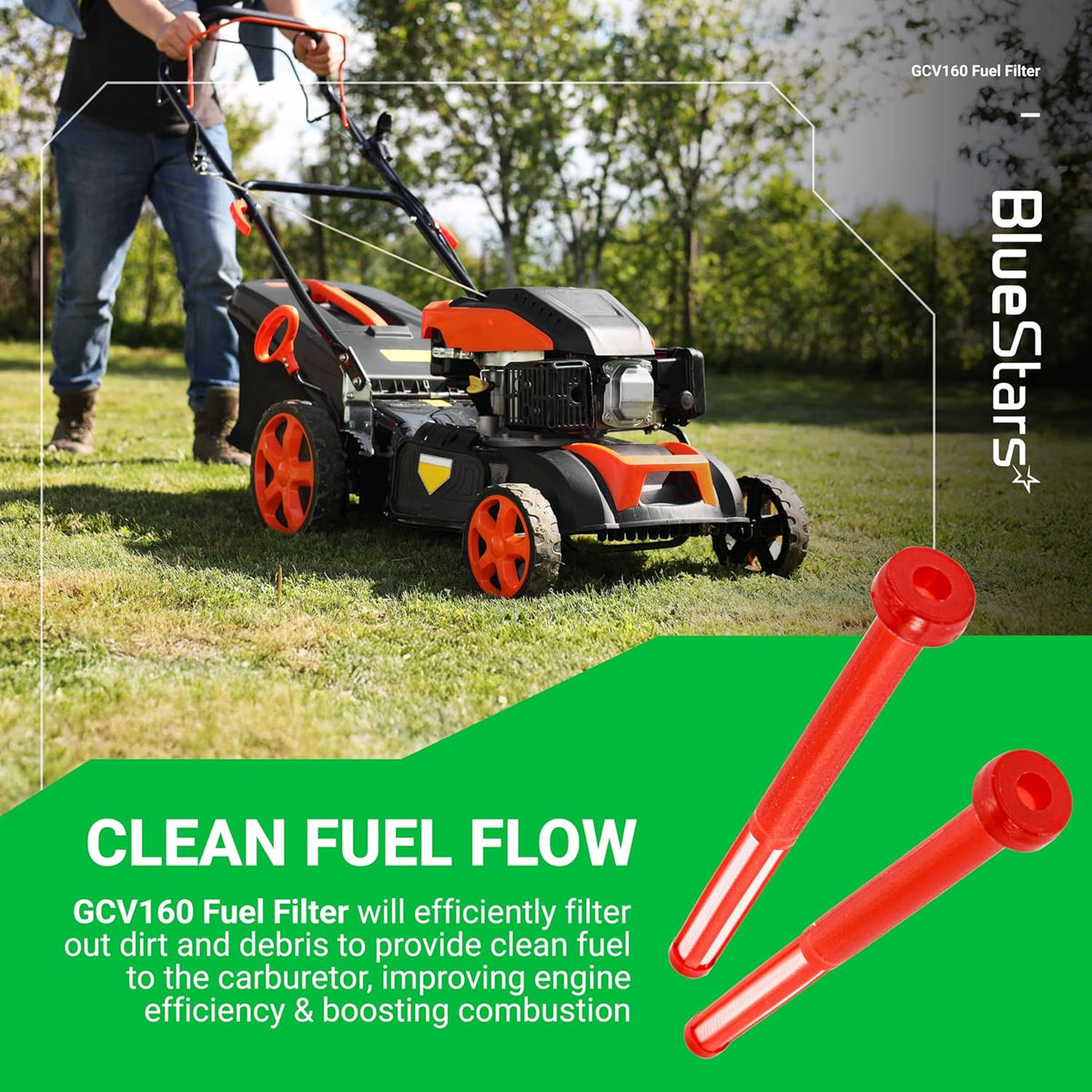 Two red GCV160 fuel filters for Honda lawn mower engines displayed on a promotional product graphic.