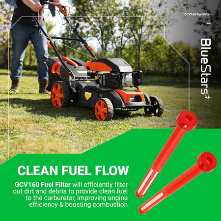 Two red GCV160 fuel filters for Honda lawn mower engines displayed on a promotional product graphic.