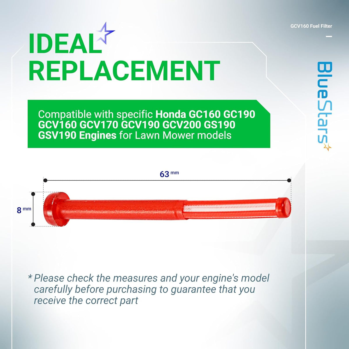 Red fuel filter for Honda GCV160 lawn mower engines with 63mm by 8mm dimensions diagram.