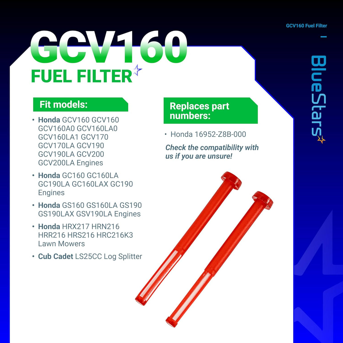 Infographic showing two red GCV160 fuel filters with a list of compatible Honda lawn mower engine models.