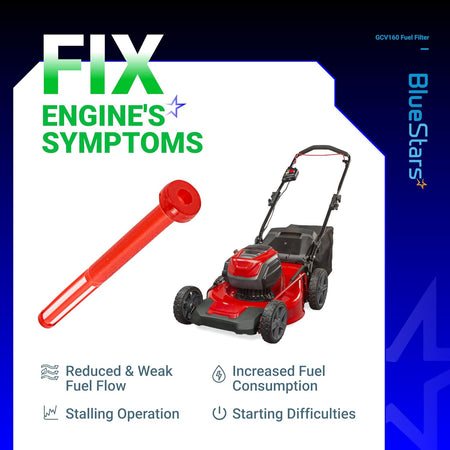 GCV160 fuel filter replacement part shown with a lawn mower to illustrate engine symptom fixes.