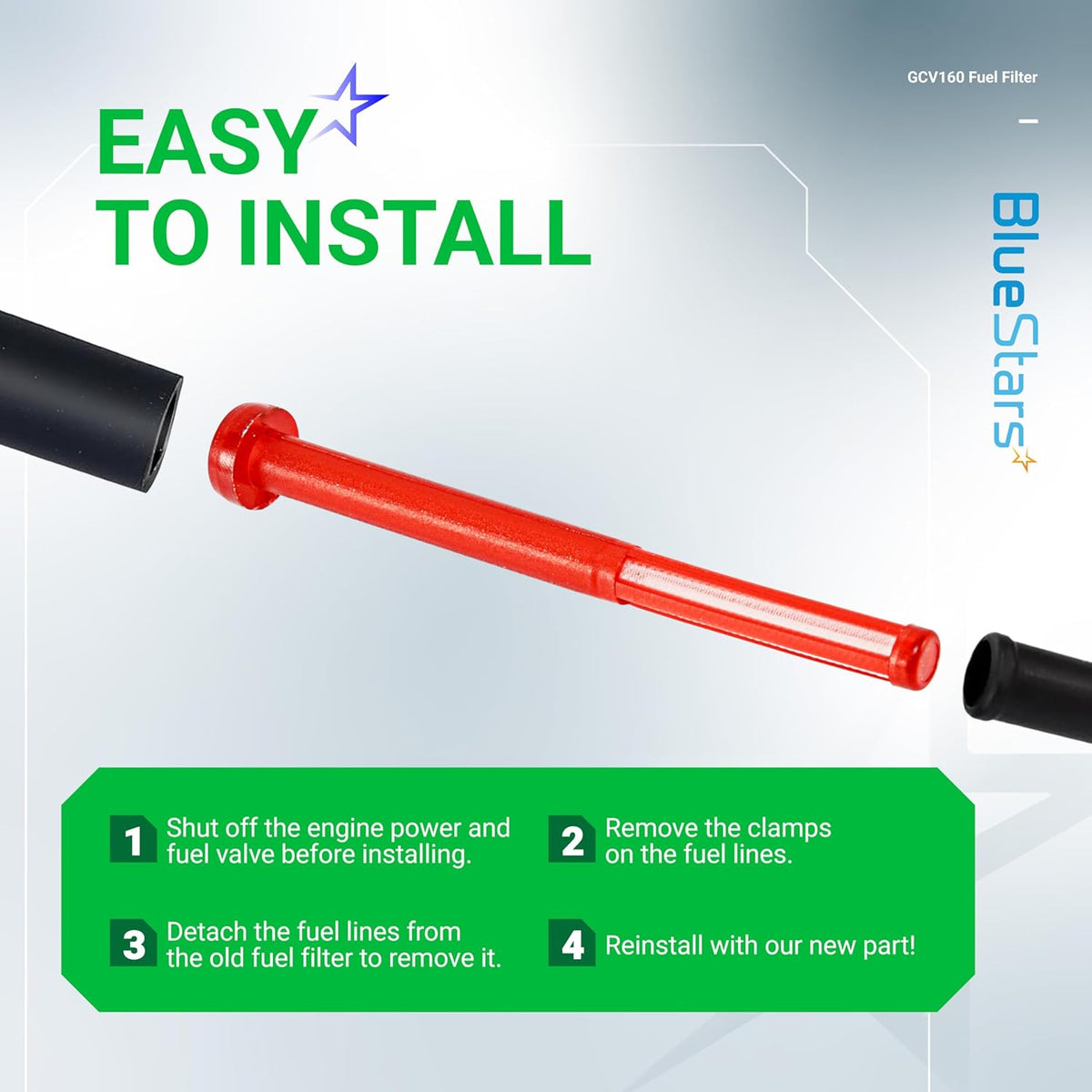 Instructional graphic showing how to install a GCV160 fuel filter into a lawn mower engine fuel line.