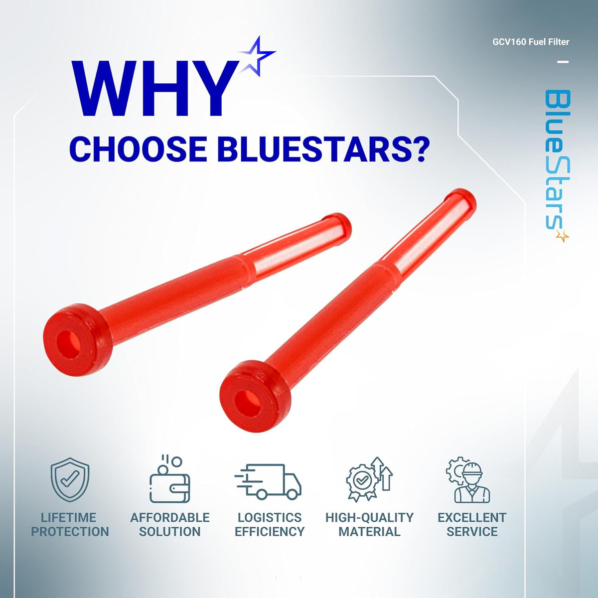 Two red GCV160 fuel filters for Honda lawn mower engines displayed on a promotional BlueStars brand graphic.