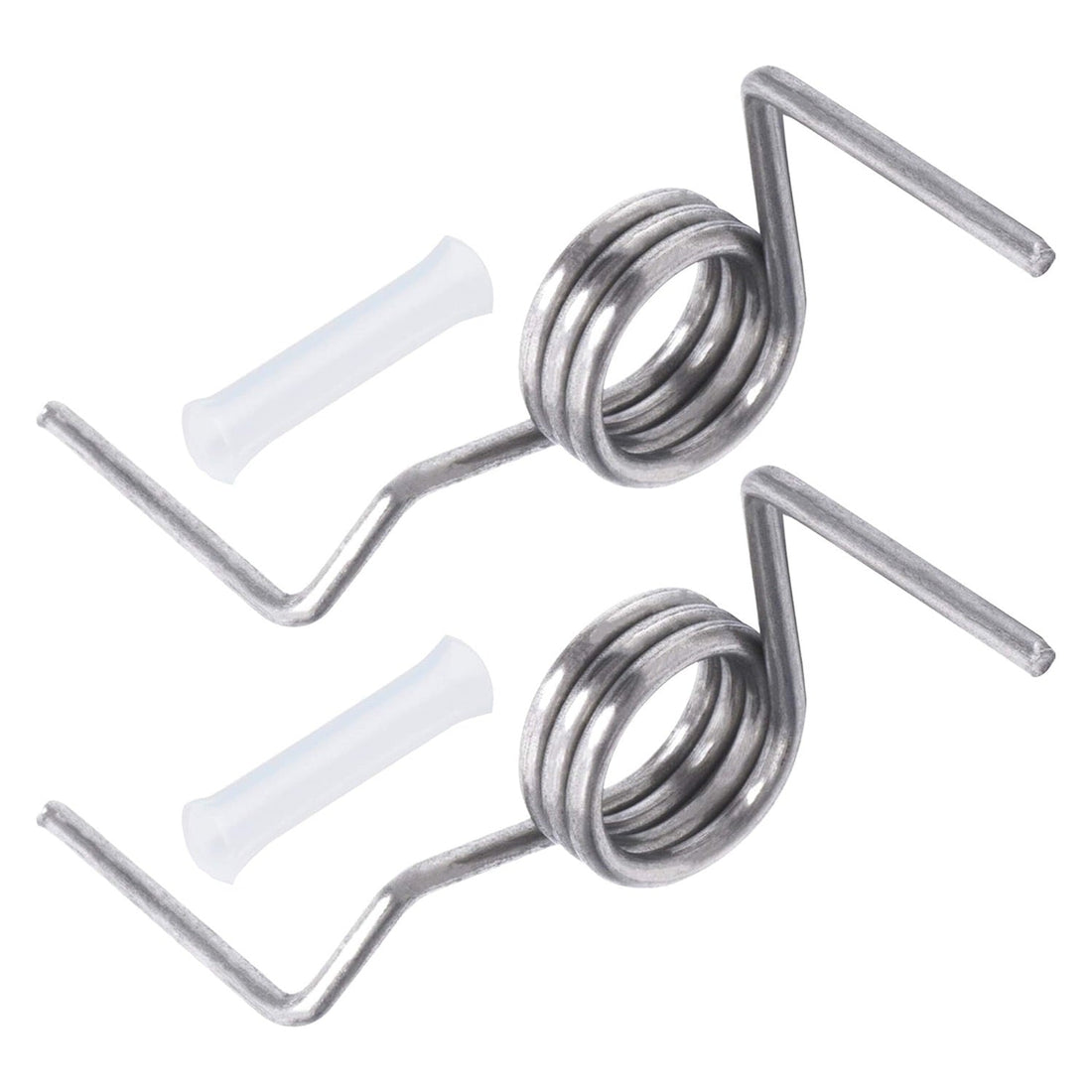 Two metal refrigerator French door springs and white plastic sleeve pins for Samsung refrigerator repair.