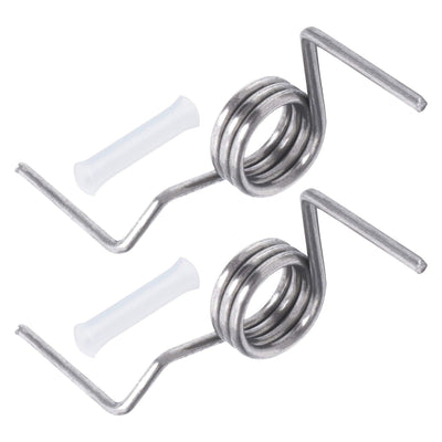 Two metal refrigerator French door springs and white plastic sleeve pins for Samsung refrigerator repair.
