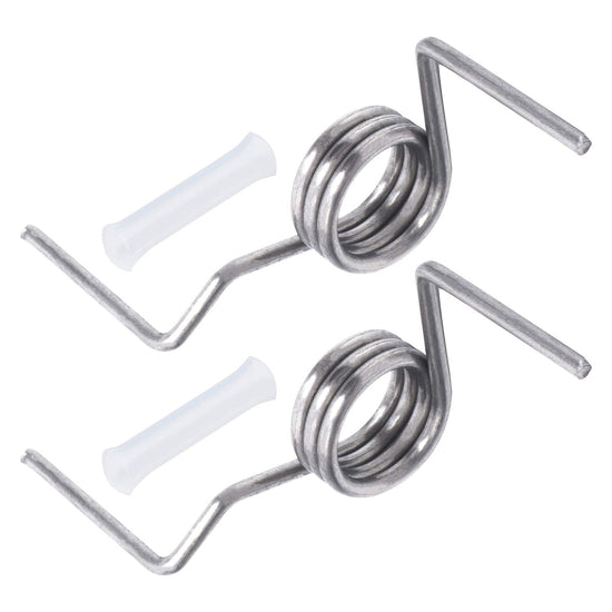 Two metal refrigerator French door springs and white plastic sleeve pins for Samsung refrigerator repair.