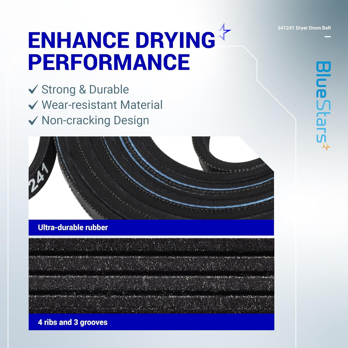 Close-up of 341241 dryer drum belt showing durable rubber material with 4 ribs and 3 grooves for Whirlpool dryers.