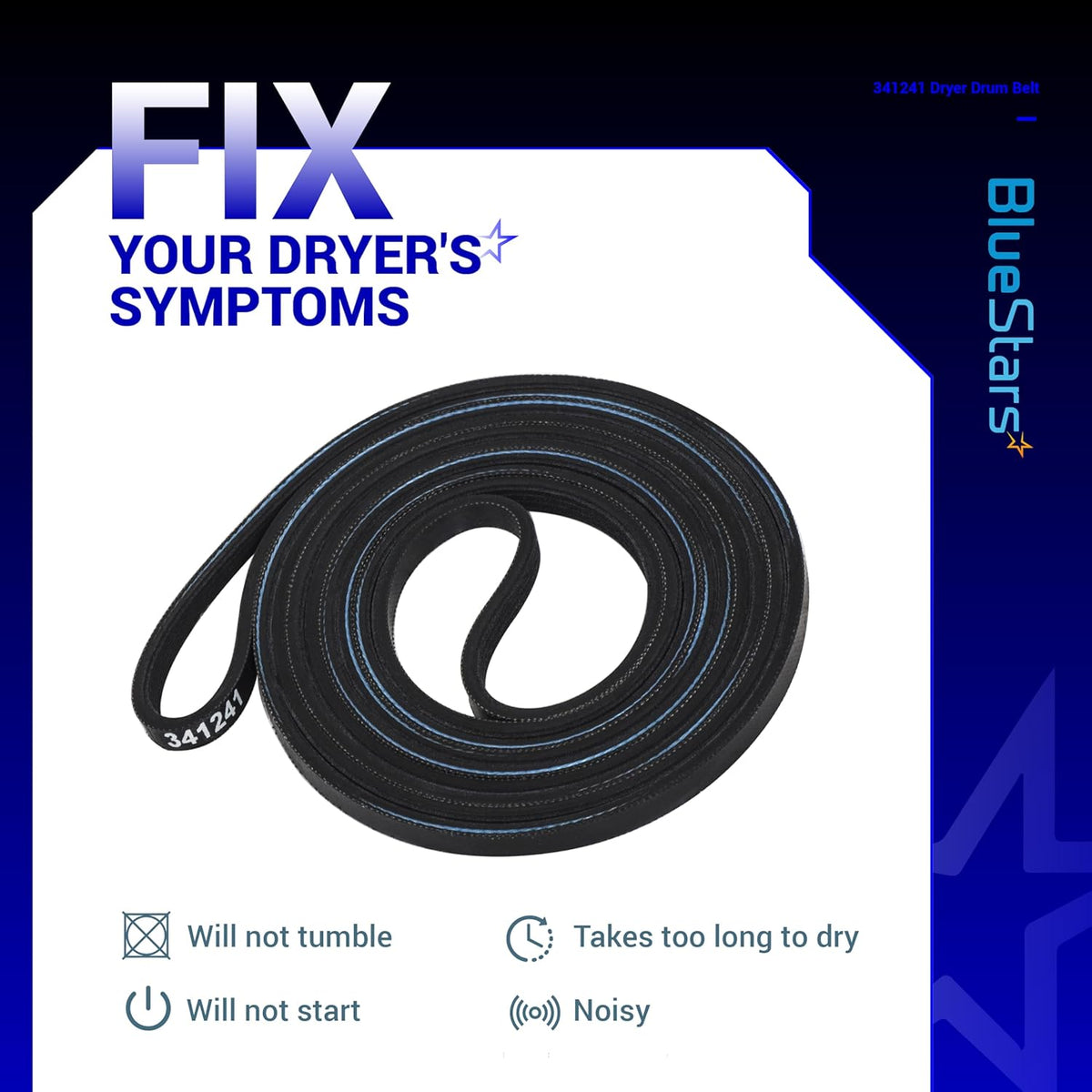 341241 replacement dryer drum belt for Whirlpool and Kenmore dryers shown on informational product graphic.