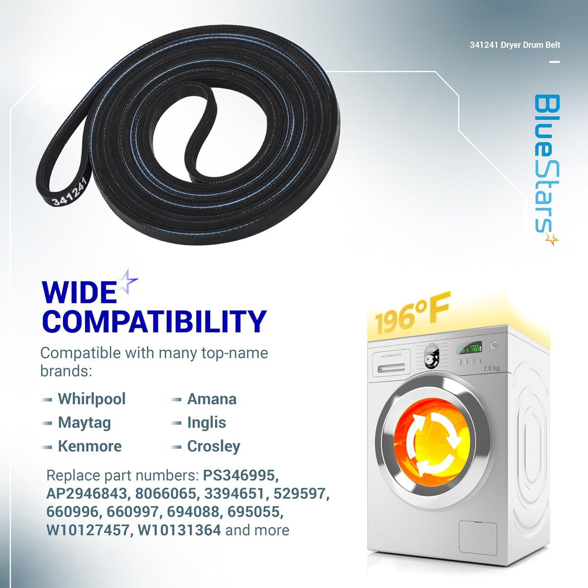 341241 dryer drum belt replacement for Whirlpool and Kenmore dryers with compatibility and part number information.