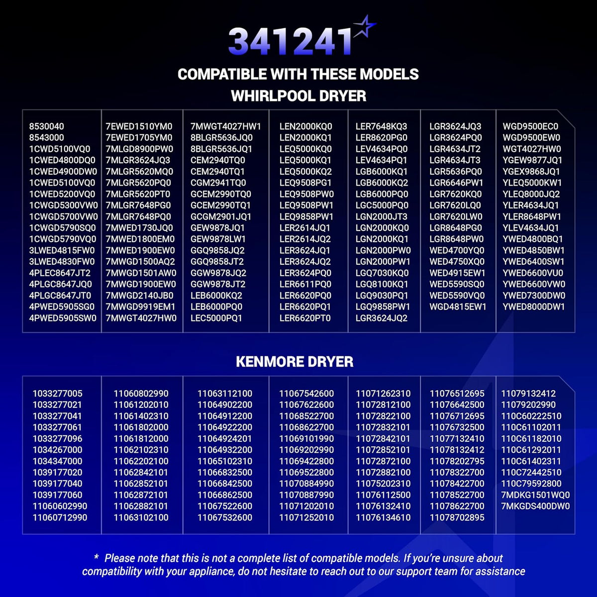 Compatibility chart for 341241 dryer drum belt listing Whirlpool and Kenmore dryer model numbers.